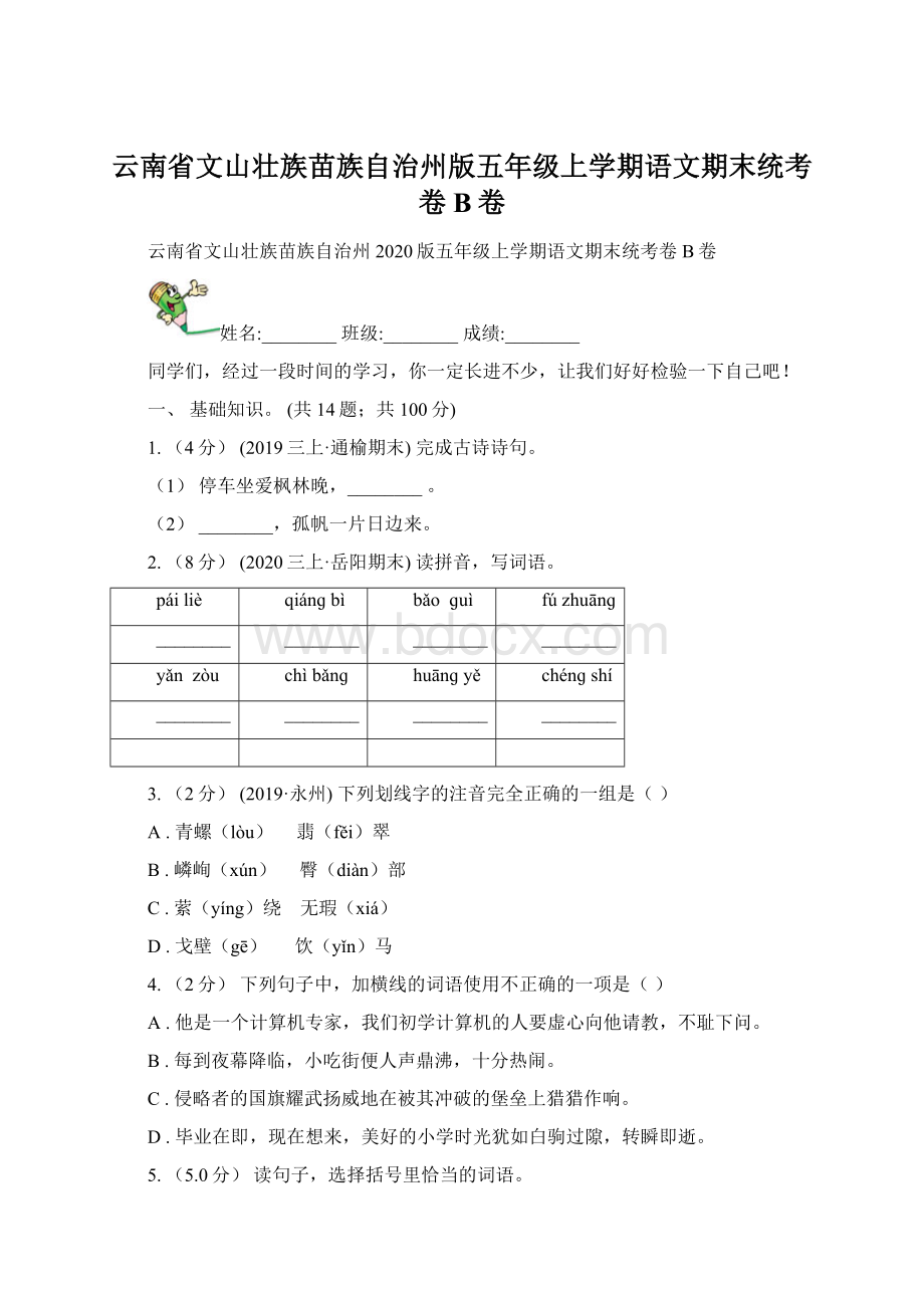 云南省文山壮族苗族自治州版五年级上学期语文期末统考卷B卷.docx_第1页