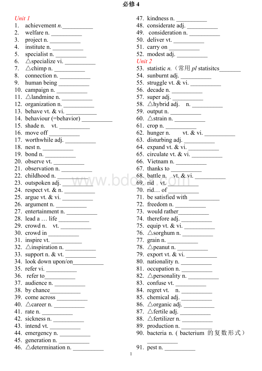 人教版高中英语必修4单词(默写用)Word文档格式.doc