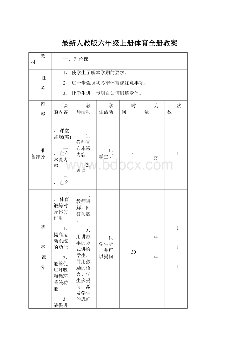 最新人教版六年级上册体育全册教案文档格式.docx