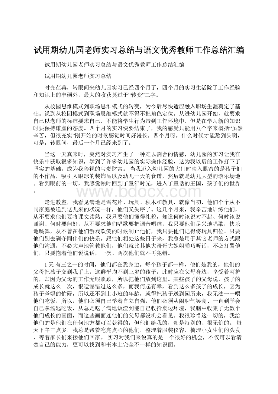 试用期幼儿园老师实习总结与语文优秀教师工作总结汇编.docx_第1页