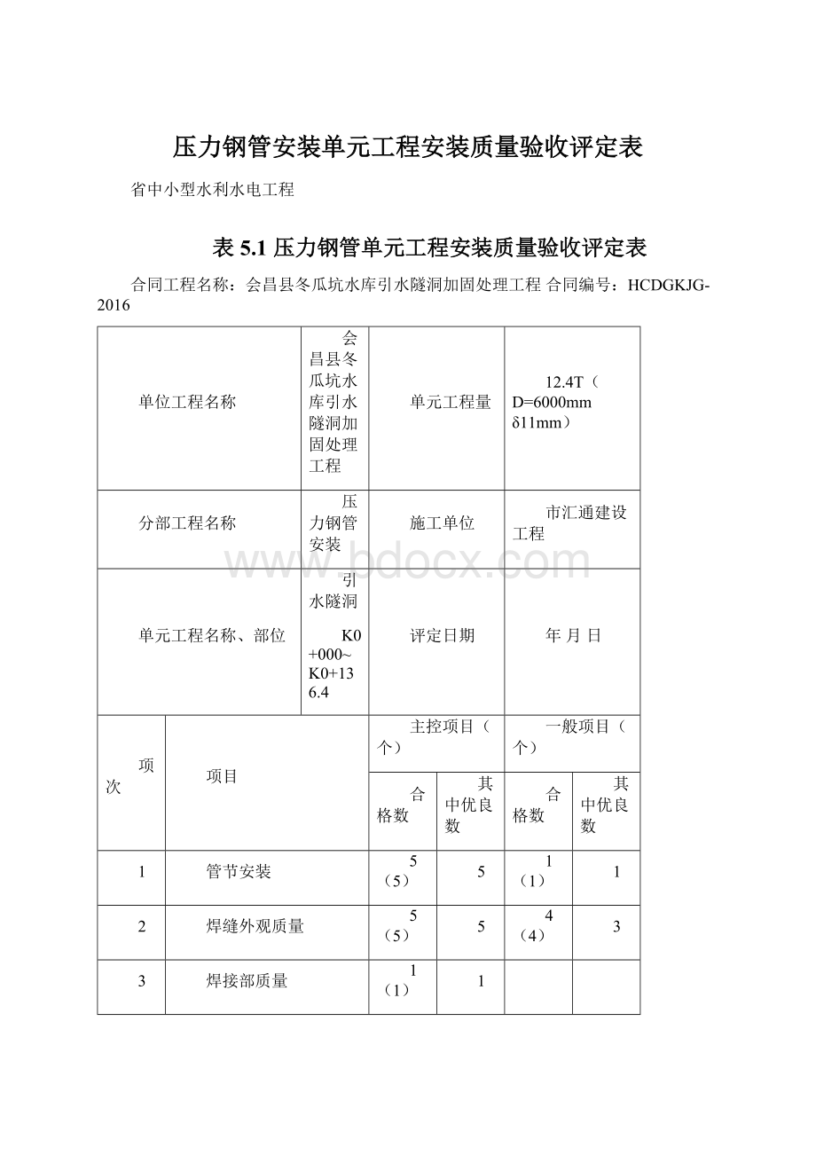 压力钢管安装单元工程安装质量验收评定表Word文档格式.docx