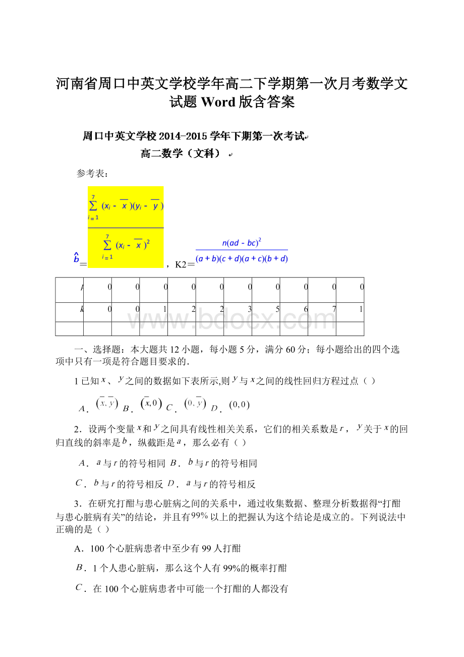 河南省周口中英文学校学年高二下学期第一次月考数学文试题 Word版含答案.docx