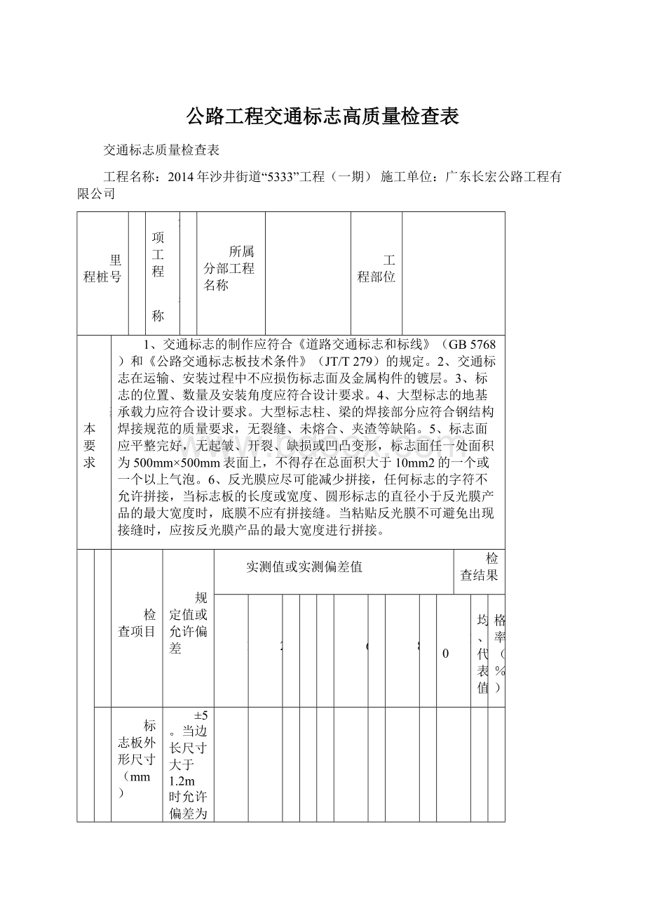 公路工程交通标志高质量检查表Word格式文档下载.docx