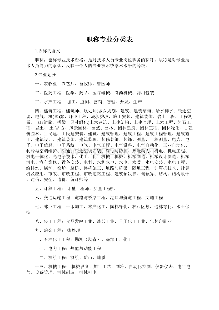 职称专业分类表Word文档格式.docx