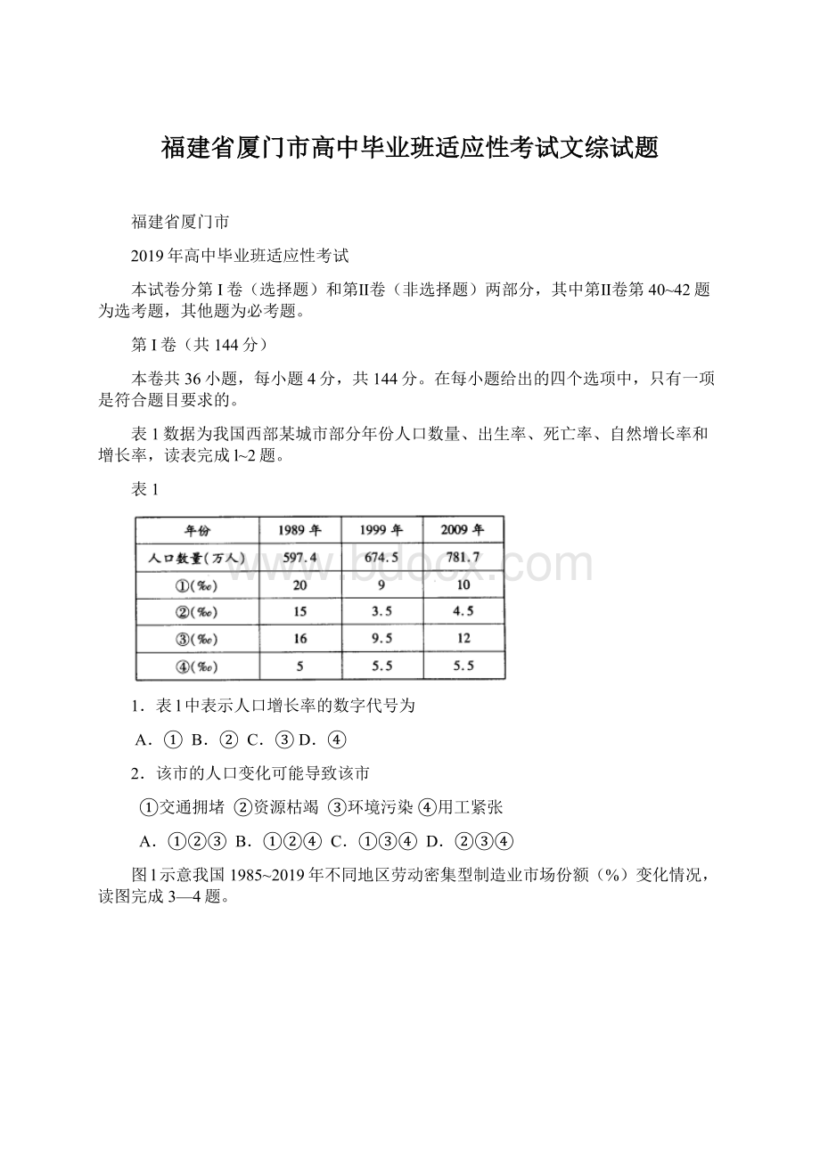 福建省厦门市高中毕业班适应性考试文综试题.docx_第1页