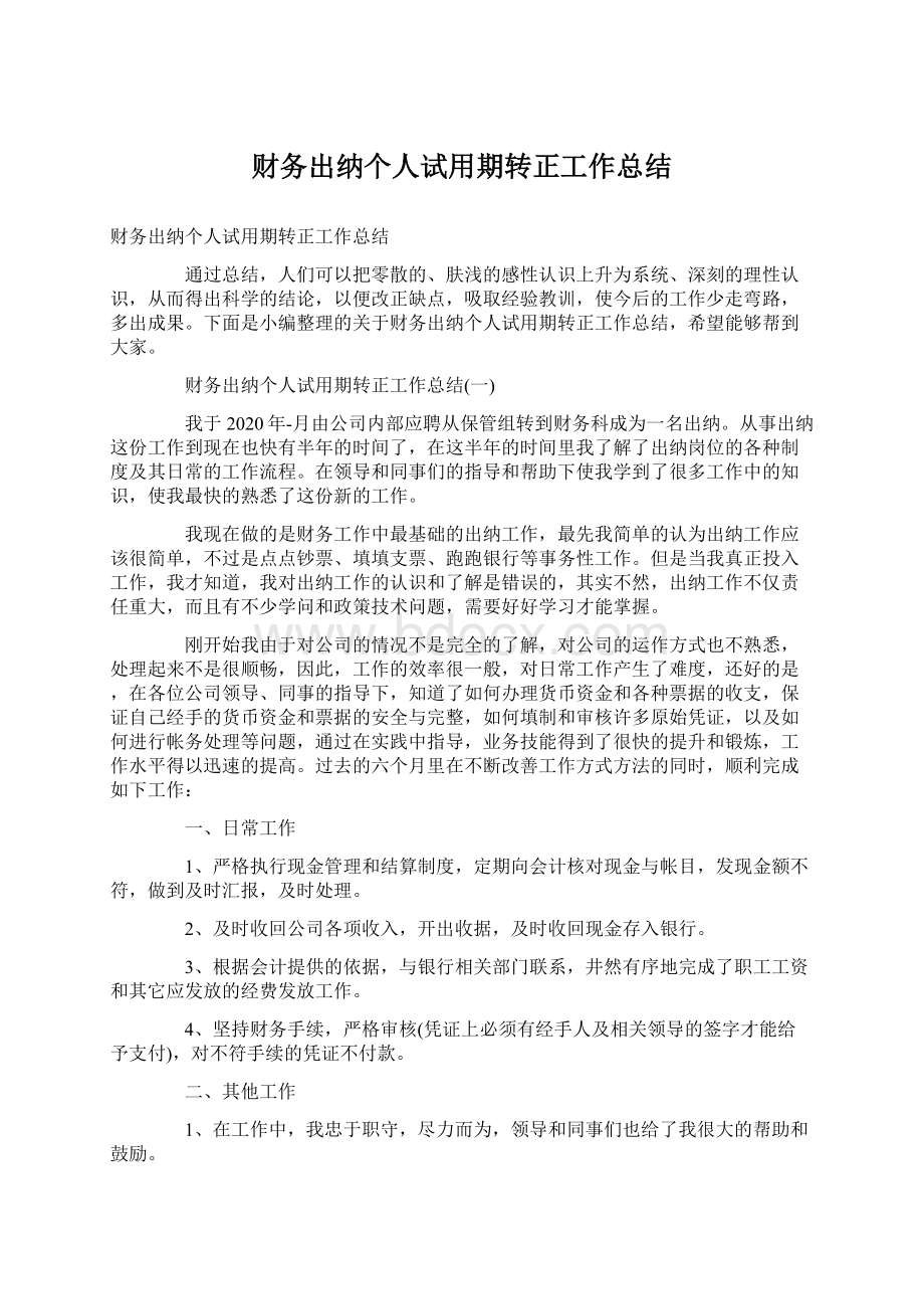 财务出纳个人试用期转正工作总结.docx