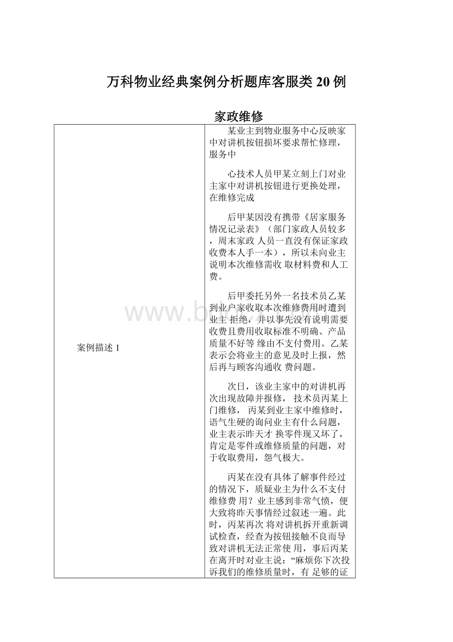 万科物业经典案例分析题库客服类20例Word格式.docx_第1页