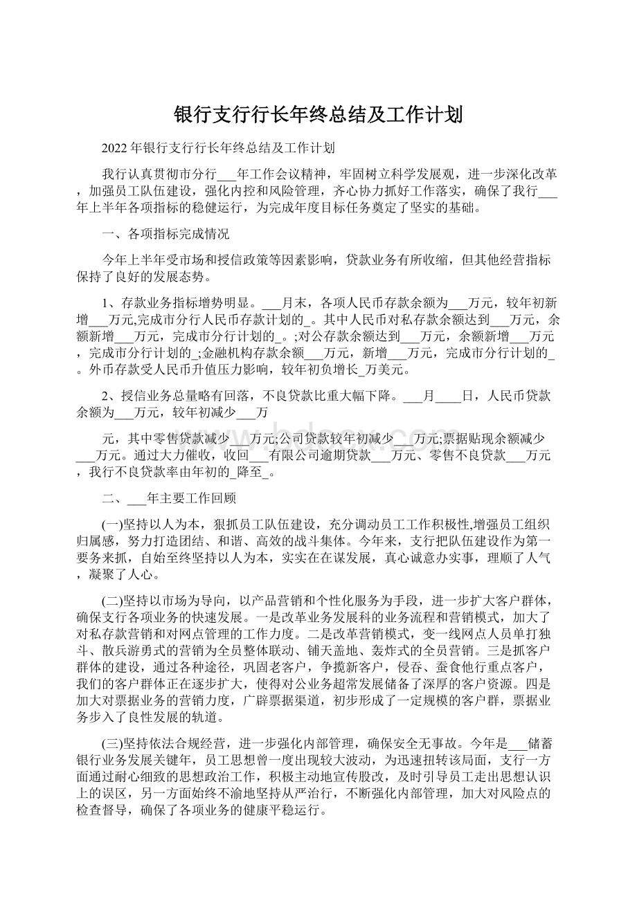 银行支行行长年终总结及工作计划.docx