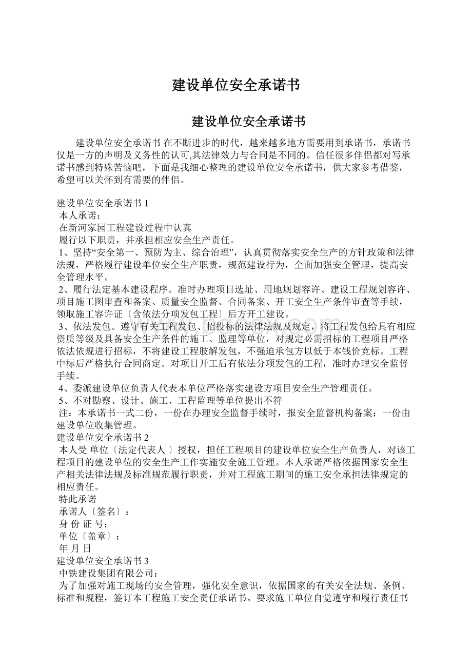 建设单位安全承诺书Word文档下载推荐.docx