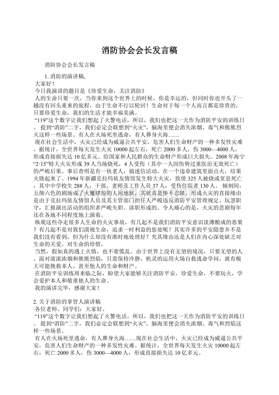 消防协会会长发言稿文档格式.docx