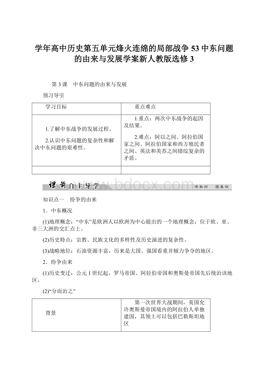 学年高中历史第五单元烽火连绵的局部战争53中东问题的由来与发展学案新人教版选修3Word文档格式.docx_第1页