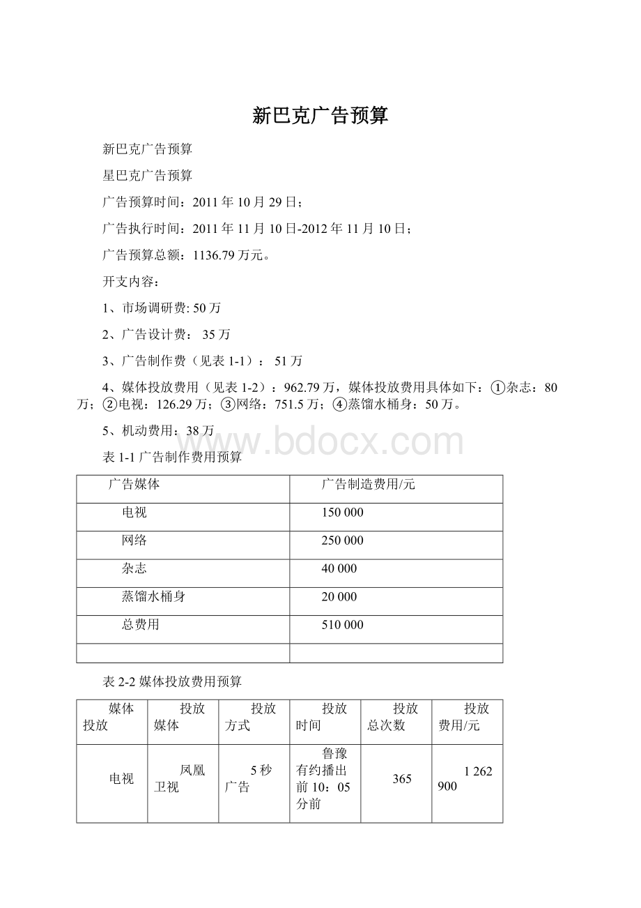 新巴克广告预算Word文档下载推荐.docx