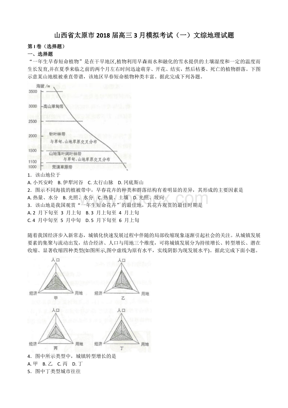 山西省太原市2018届高三3月模拟考试(一)文综地理试题Word格式.doc_第1页