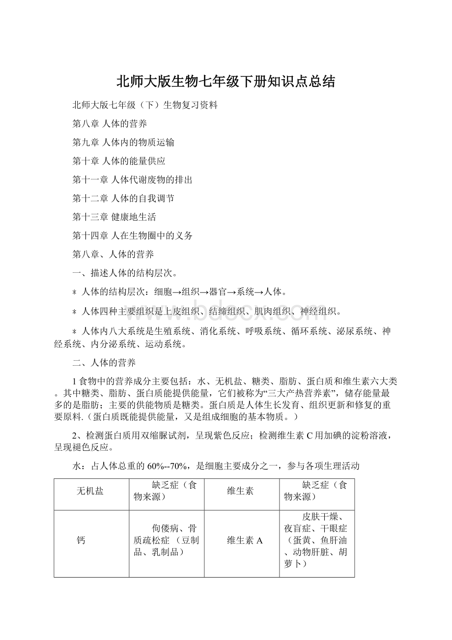 北师大版生物七年级下册知识点总结Word文件下载.docx_第1页