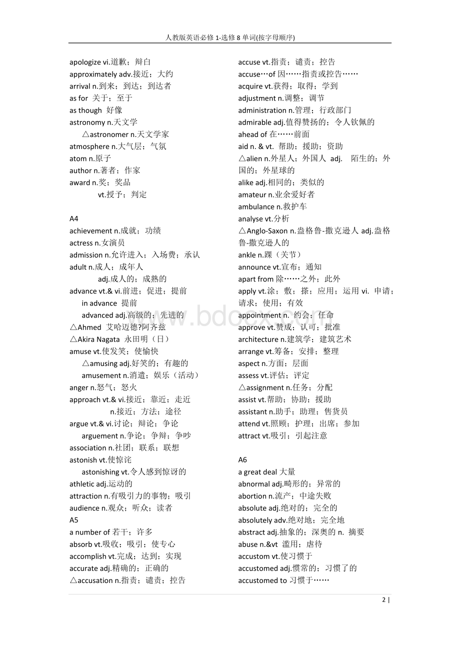 人教版英语必修1-选修8单词(按字母顺序)Word格式文档下载.docx_第2页