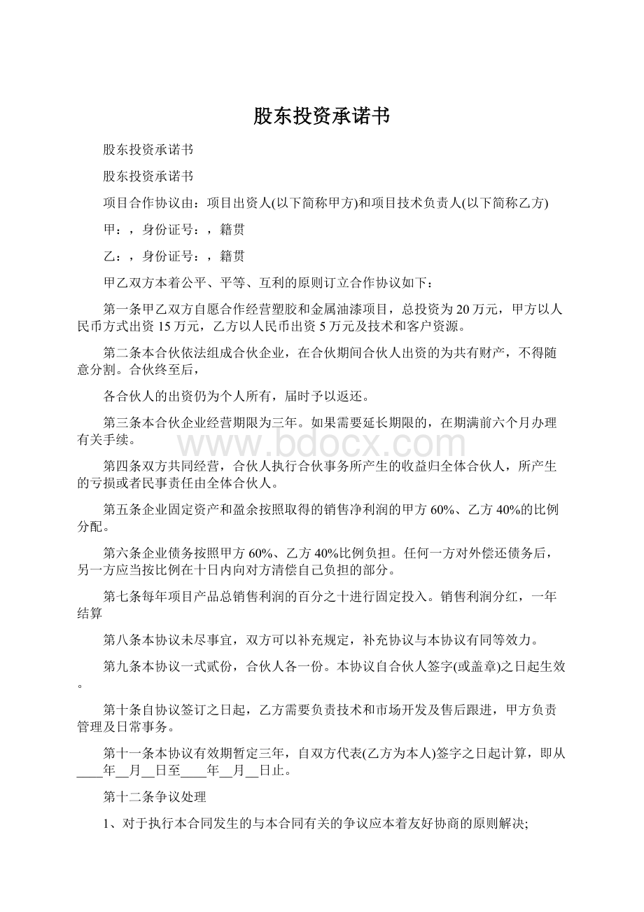 股东投资承诺书Word格式文档下载.docx_第1页