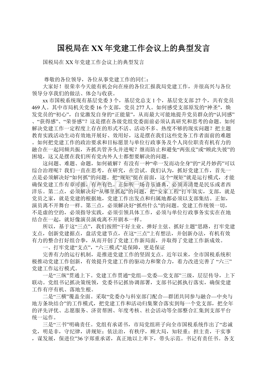 国税局在XX年党建工作会议上的典型发言文档格式.docx_第1页