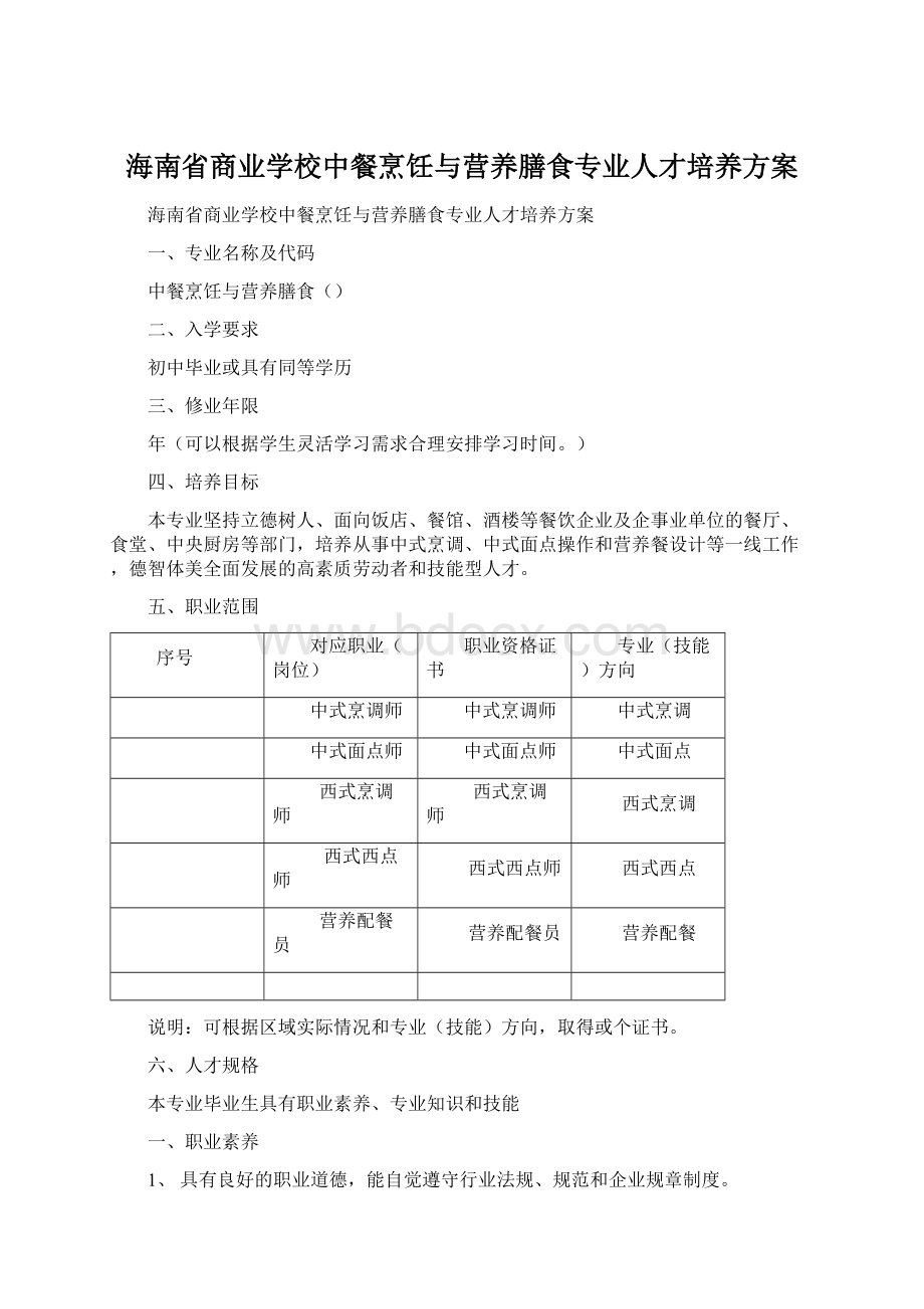 海南省商业学校中餐烹饪与营养膳食专业人才培养方案Word文件下载.docx