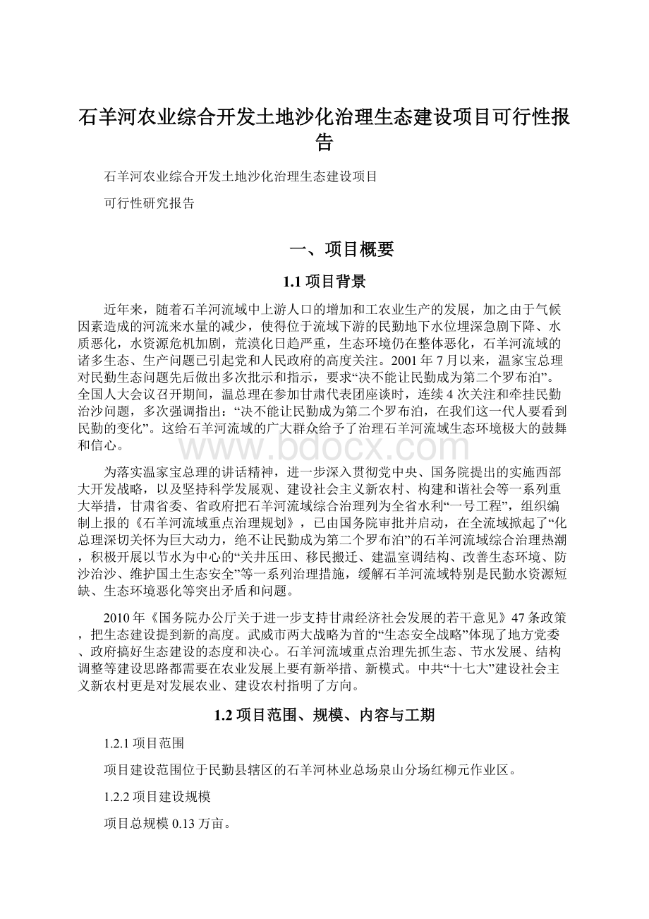 石羊河农业综合开发土地沙化治理生态建设项目可行性报告Word文件下载.docx