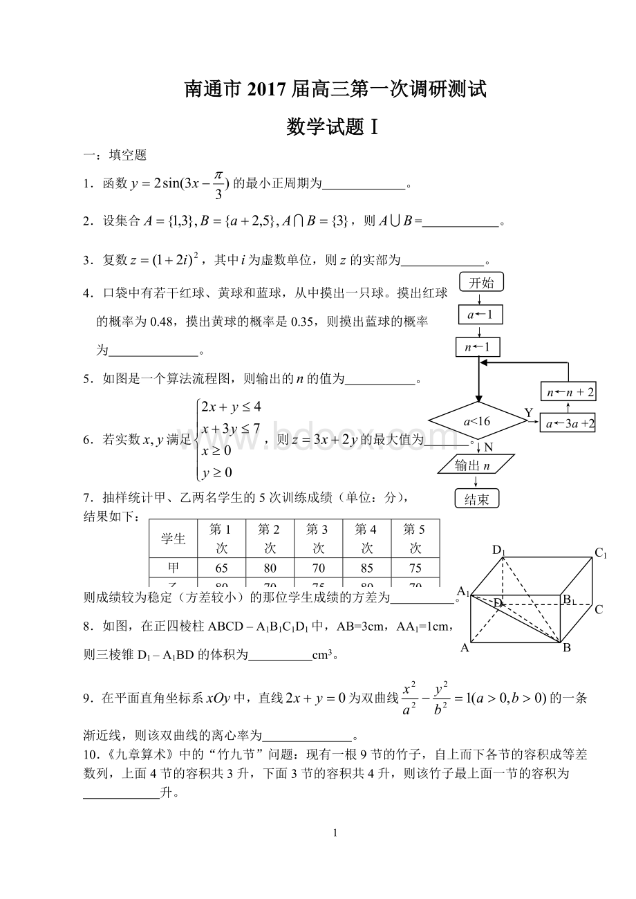 南通市2017届高三数学第一次模拟考试数学试题Word文档格式.doc