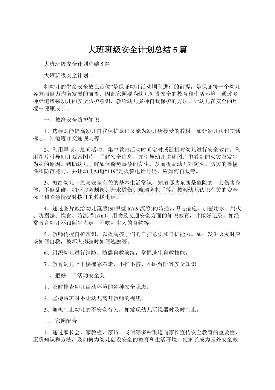 大班班级安全计划总结5篇.docx_第1页