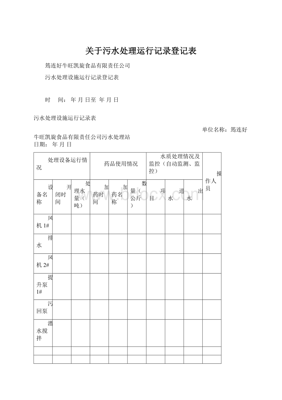 关于污水处理运行记录登记表.docx