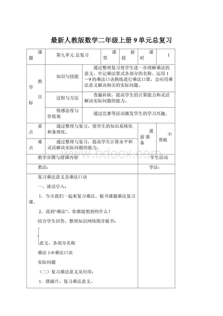 最新人教版数学二年级上册9单元总复习.docx