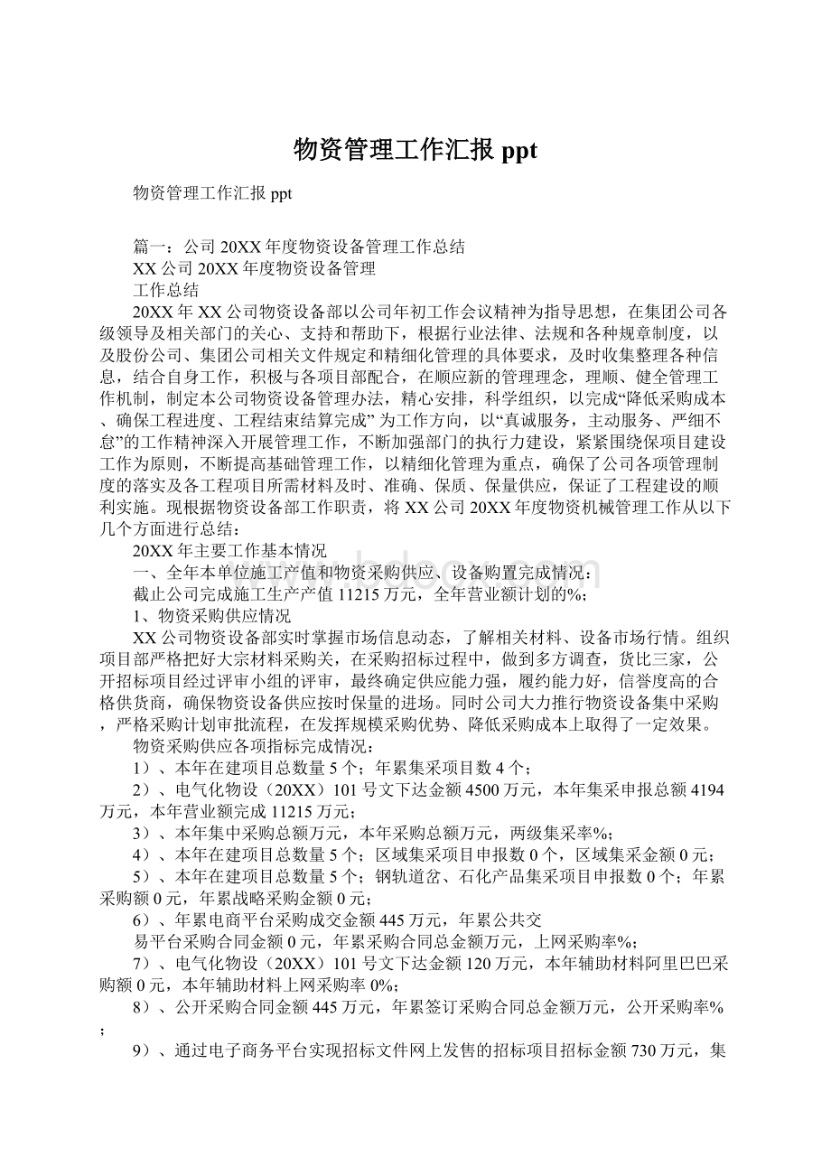 物资管理工作汇报ppt文档格式.docx