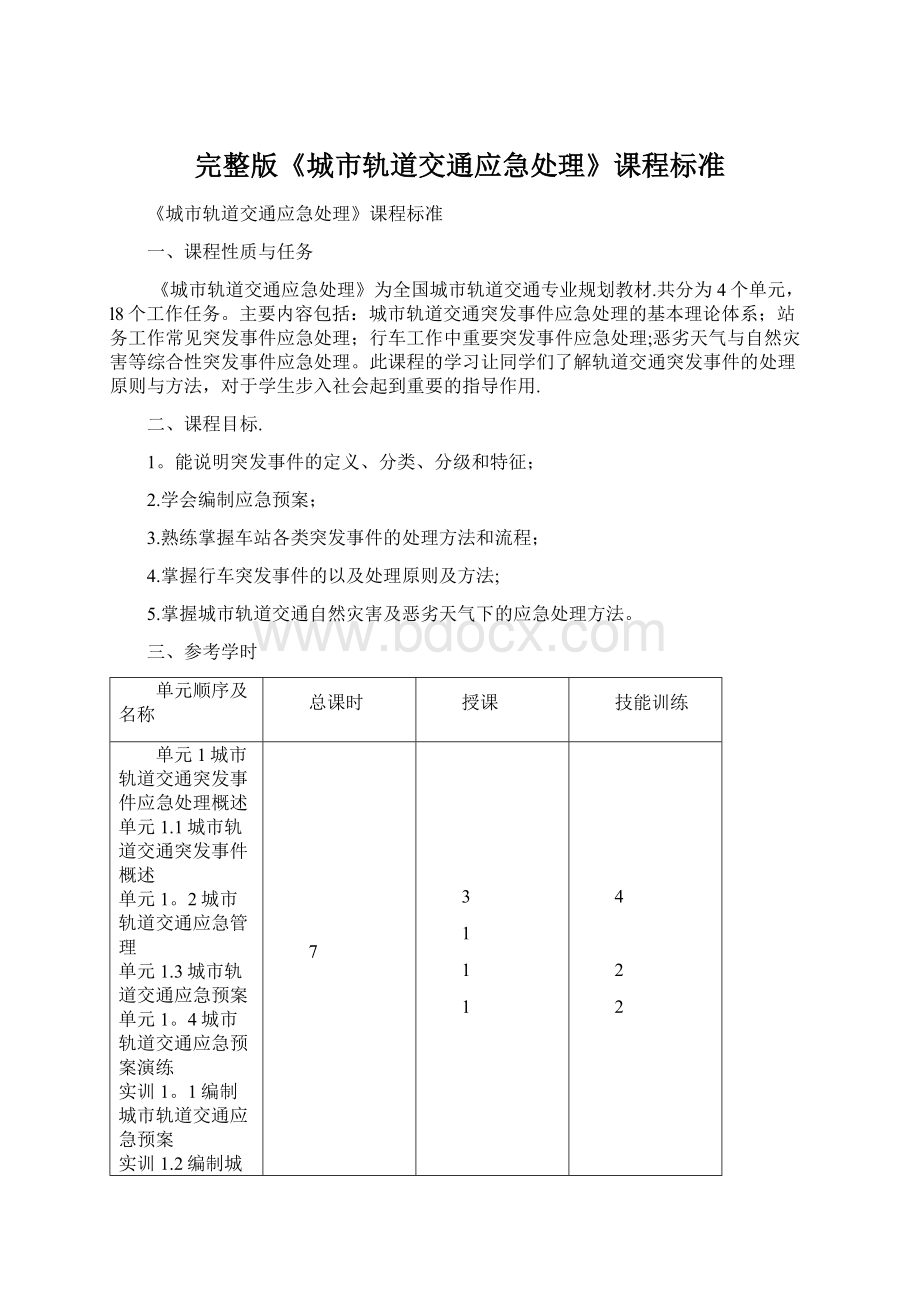 完整版《城市轨道交通应急处理》课程标准Word格式.docx_第1页