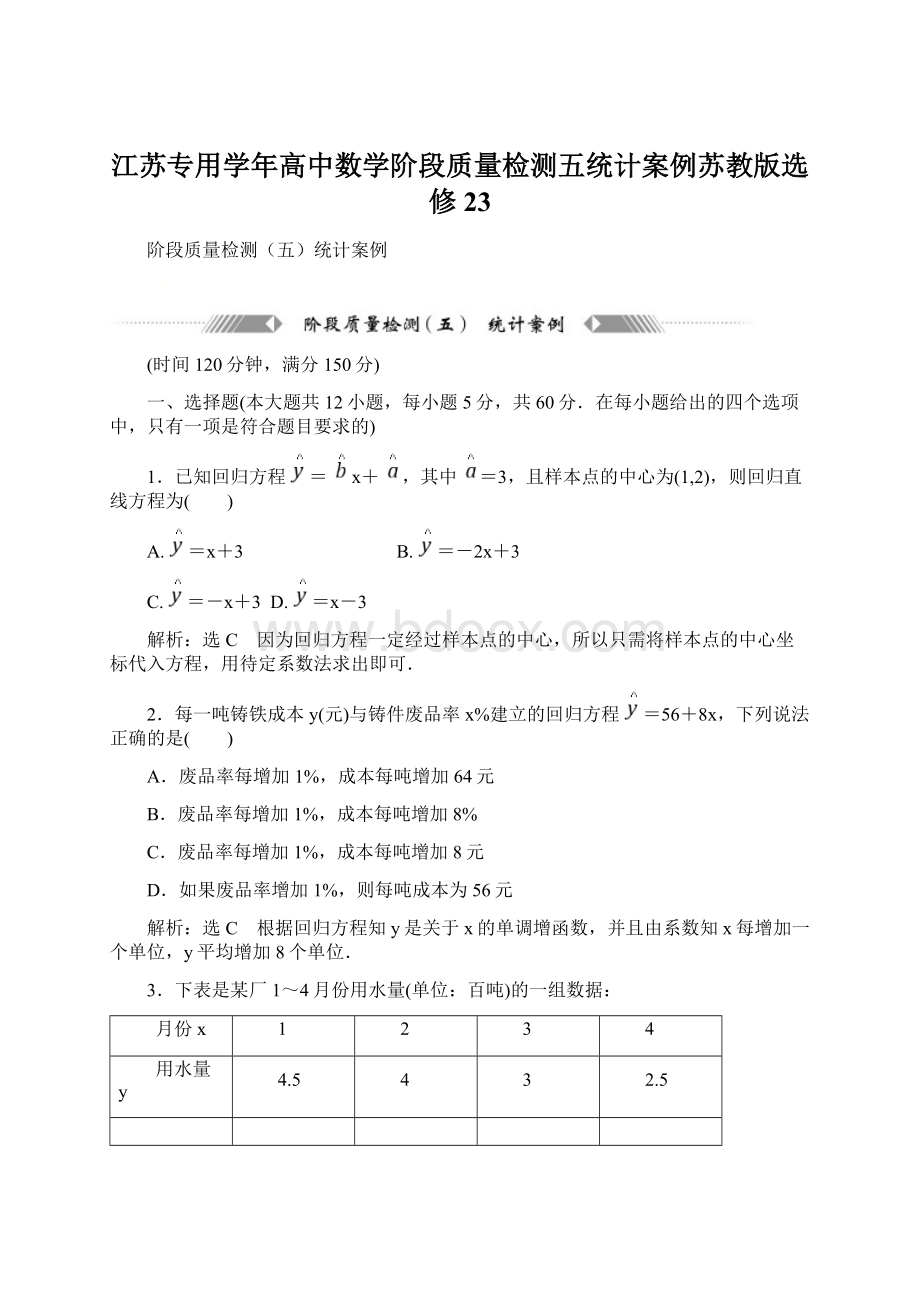 江苏专用学年高中数学阶段质量检测五统计案例苏教版选修23Word格式.docx