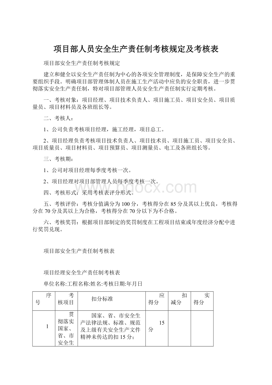 项目部人员安全生产责任制考核规定及考核表Word文档格式.docx