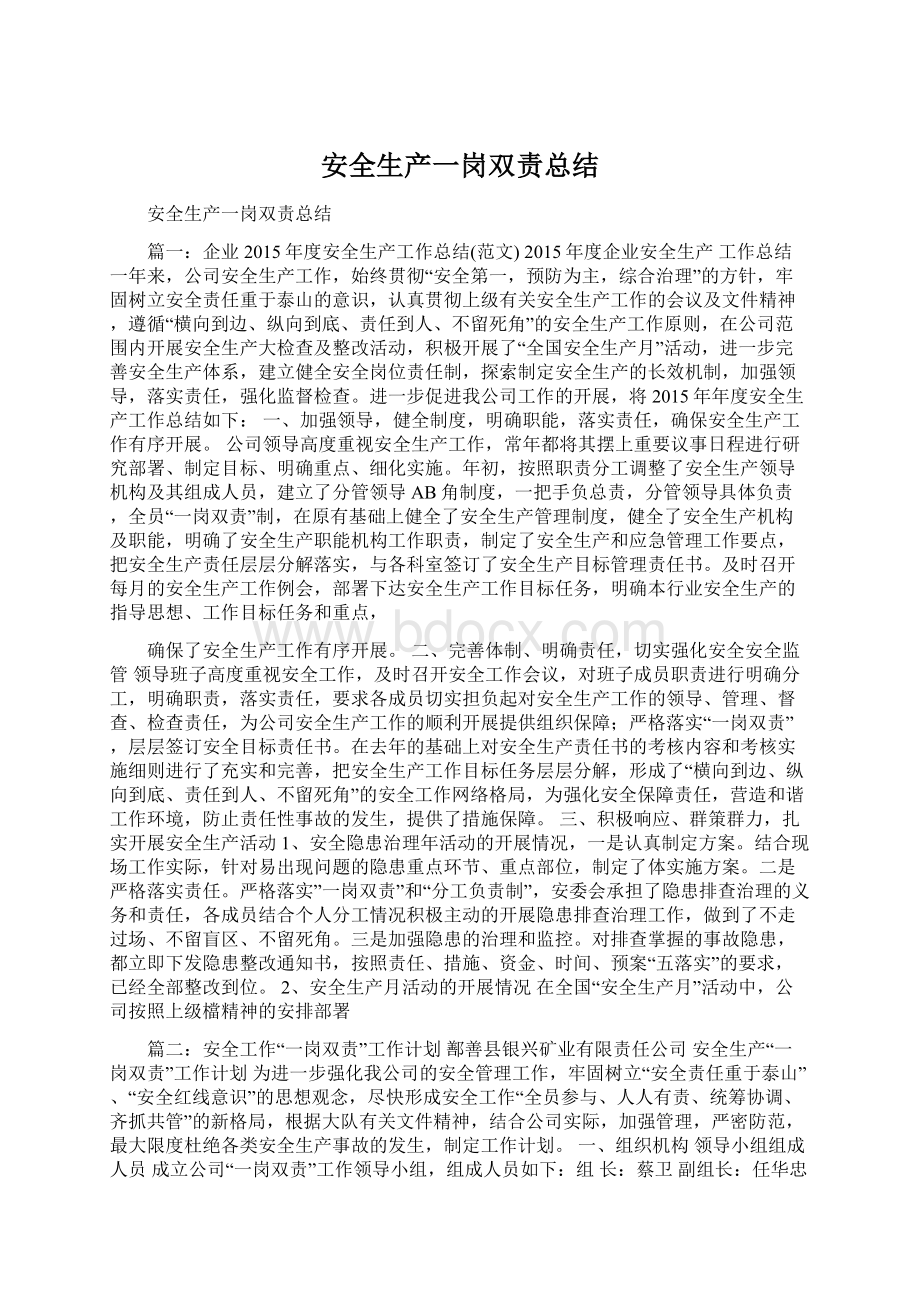 安全生产一岗双责总结Word格式文档下载.docx