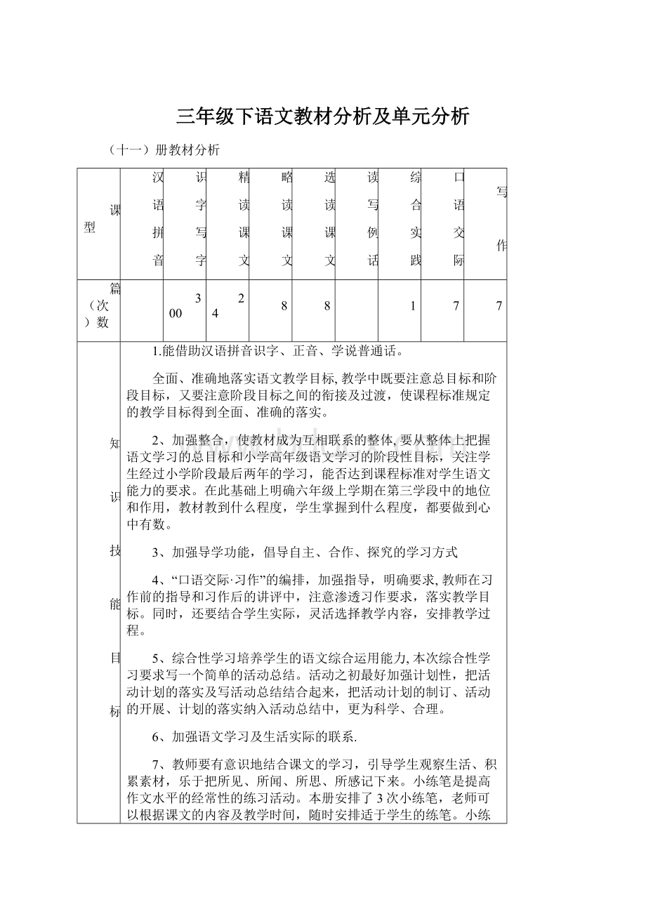 三年级下语文教材分析及单元分析Word下载.docx_第1页