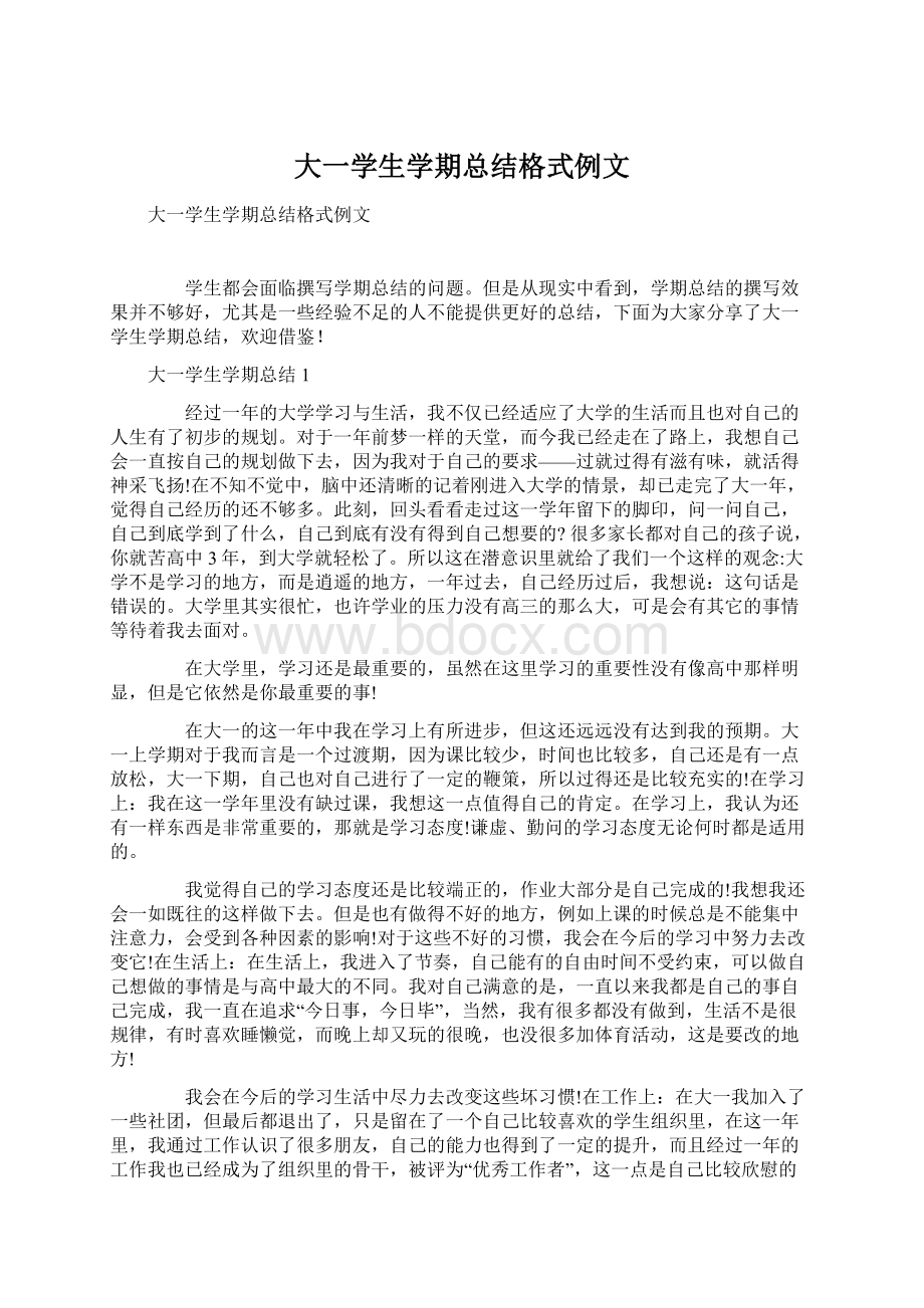 大一学生学期总结格式例文文档格式.docx_第1页