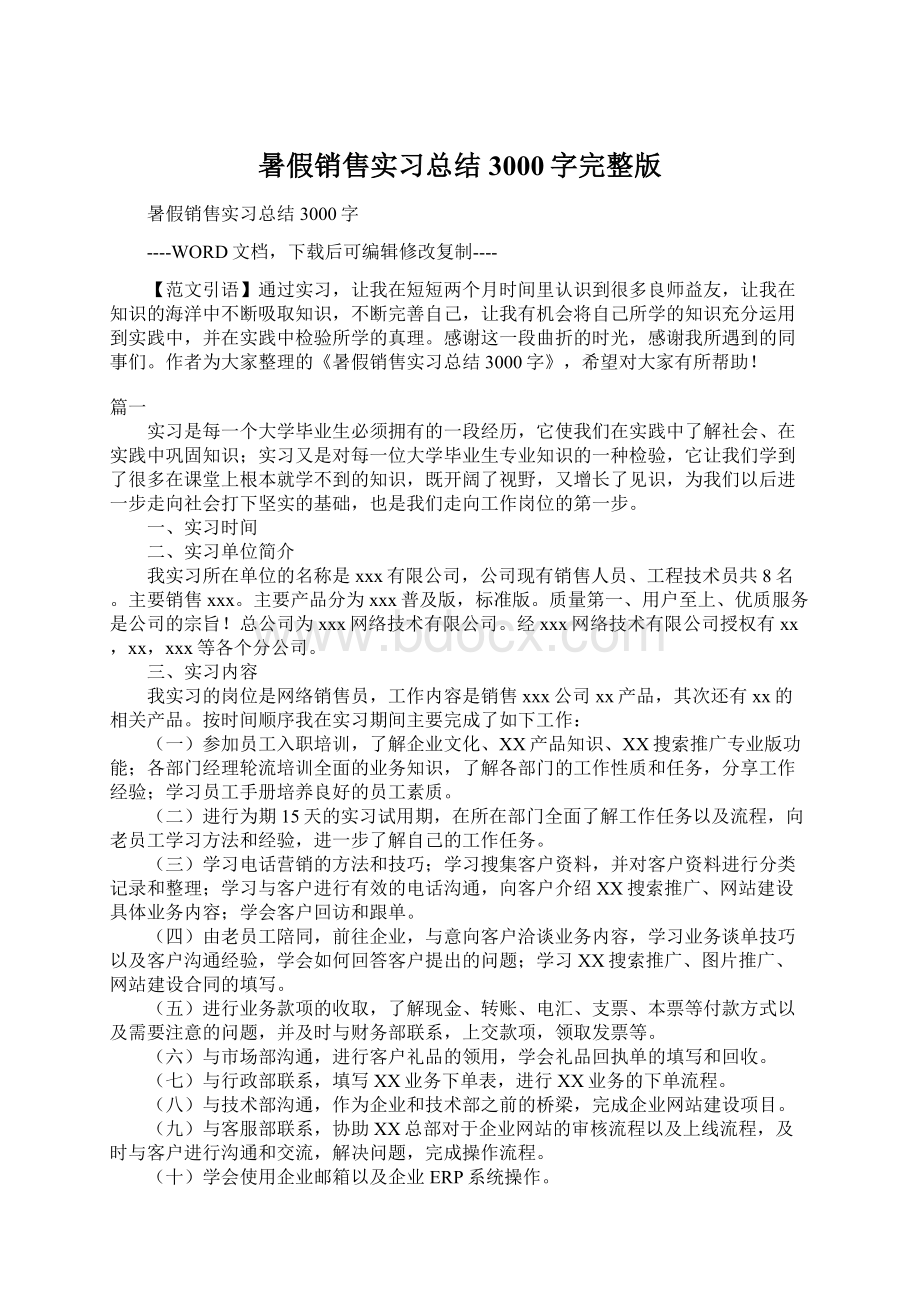 暑假销售实习总结3000字完整版Word文档下载推荐.docx