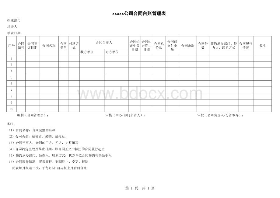 合同管理台账(模板)表格文件下载.xls