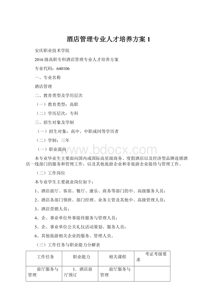 酒店管理专业人才培养方案1.docx_第1页