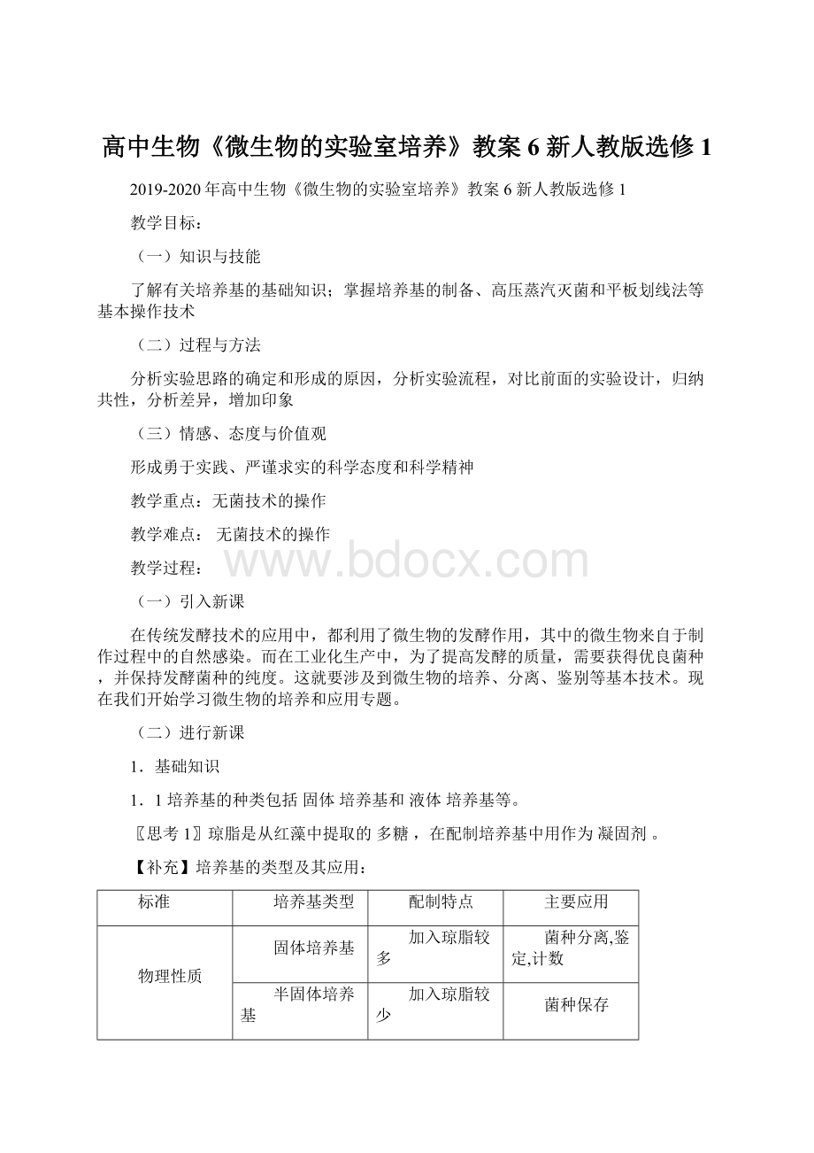 高中生物《微生物的实验室培养》教案6 新人教版选修1Word文档格式.docx_第1页