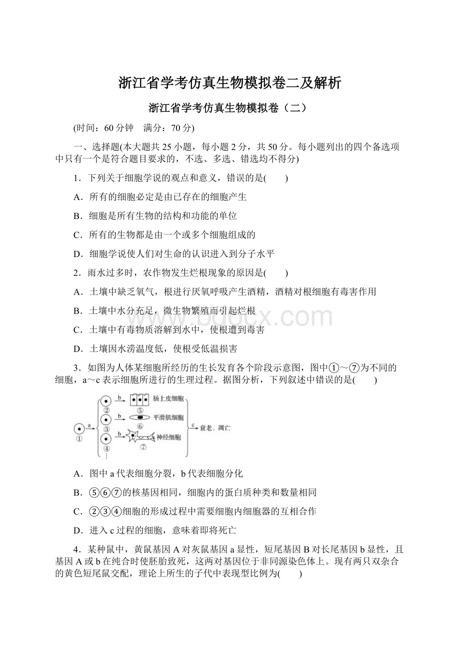 浙江省学考仿真生物模拟卷二及解析.docx