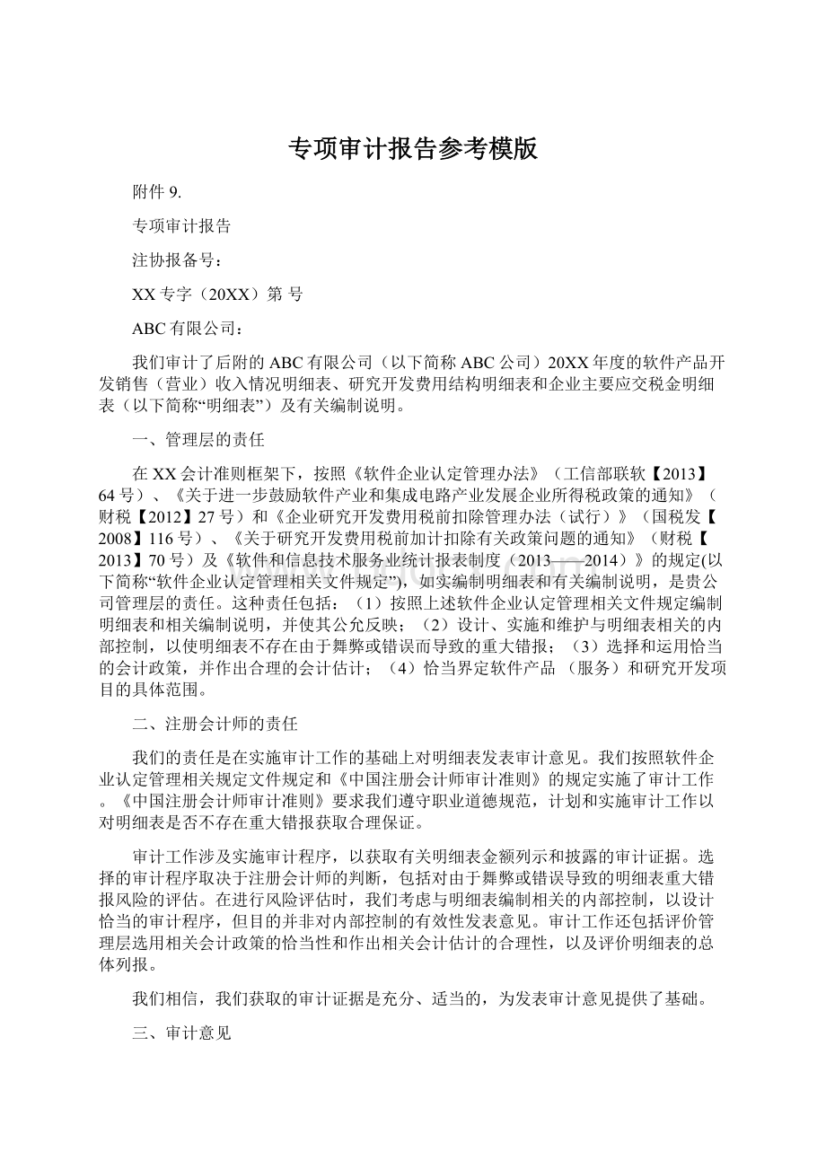 专项审计报告参考模版Word文件下载.docx_第1页