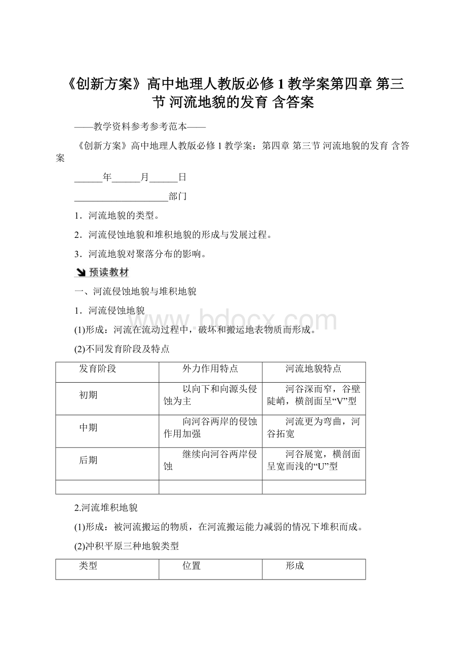 《创新方案》高中地理人教版必修1教学案第四章 第三节 河流地貌的发育 含答案.docx