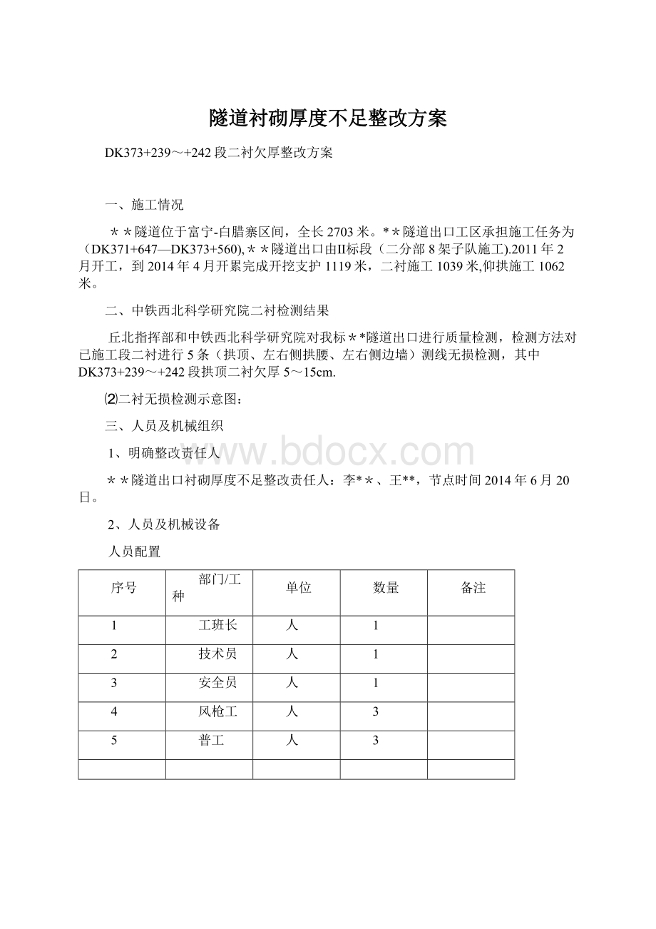 隧道衬砌厚度不足整改方案Word格式.docx_第1页