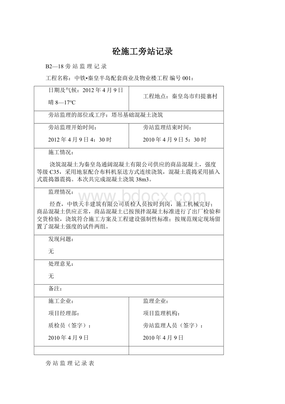 砼施工旁站记录Word文档下载推荐.docx