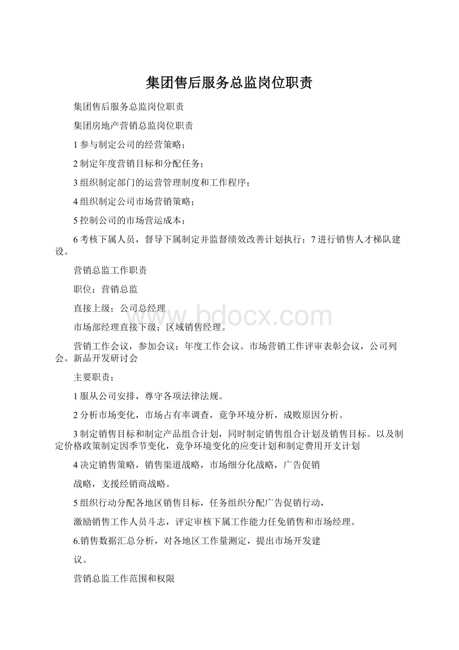 集团售后服务总监岗位职责Word格式文档下载.docx