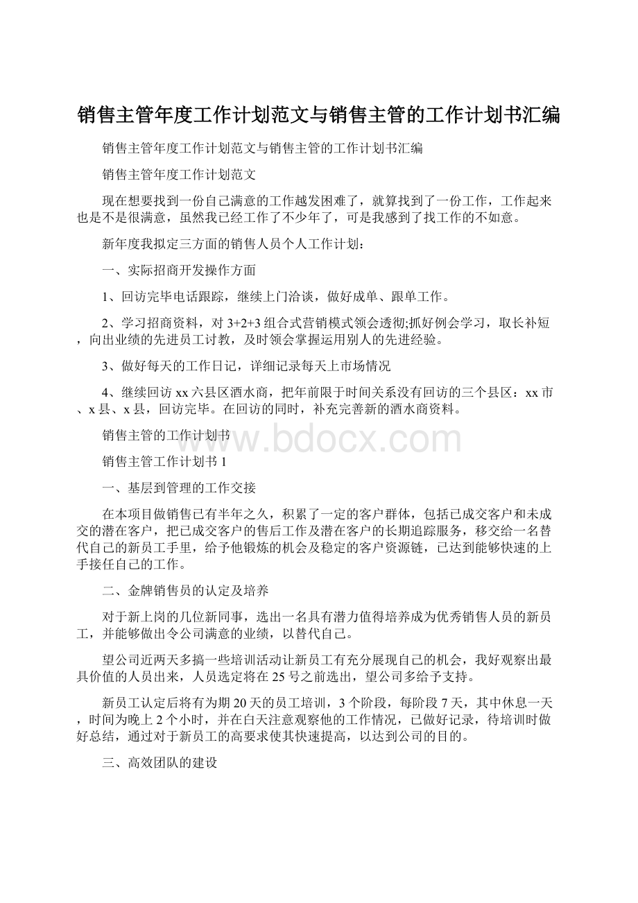 销售主管年度工作计划范文与销售主管的工作计划书汇编.docx