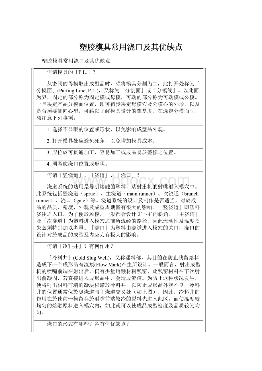 塑胶模具常用浇口及其优缺点Word格式.docx