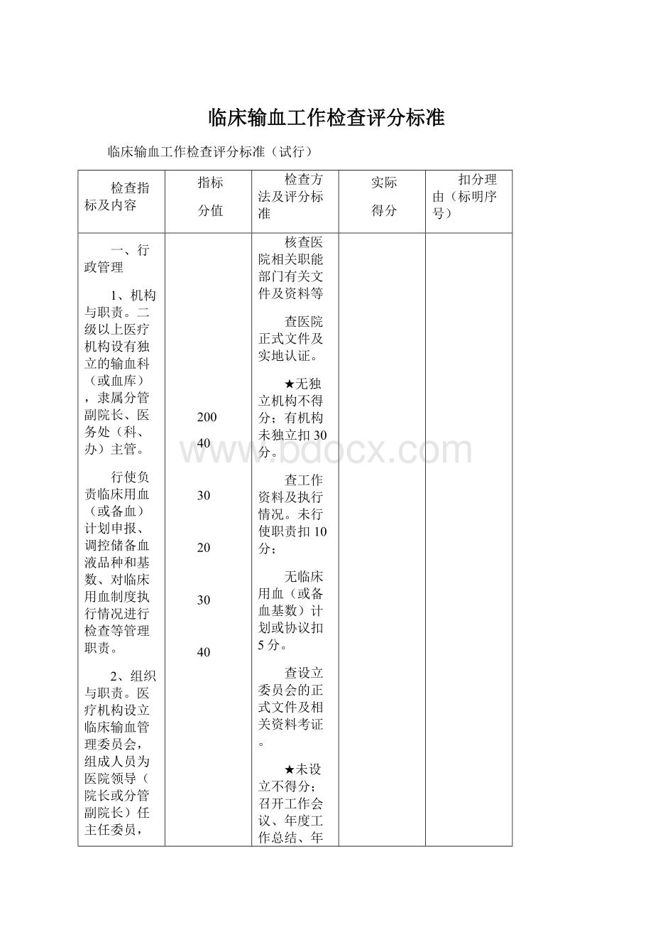 临床输血工作检查评分标准.docx