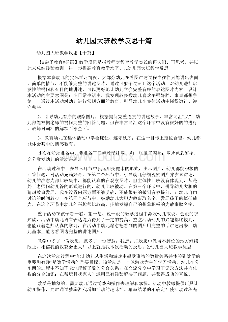 幼儿园大班教学反思十篇Word文档下载推荐.docx