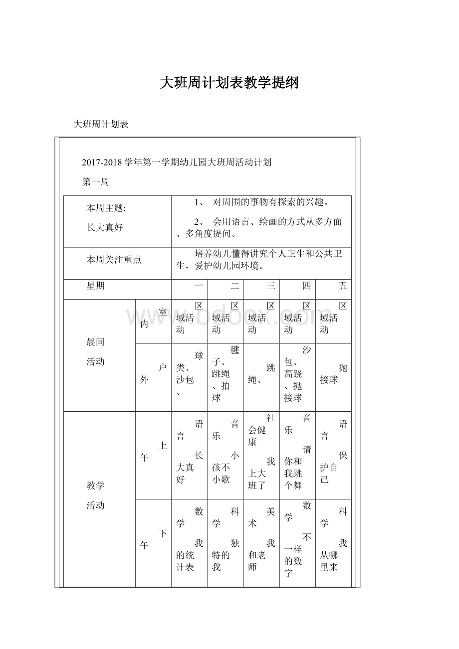 大班周计划表教学提纲.docx