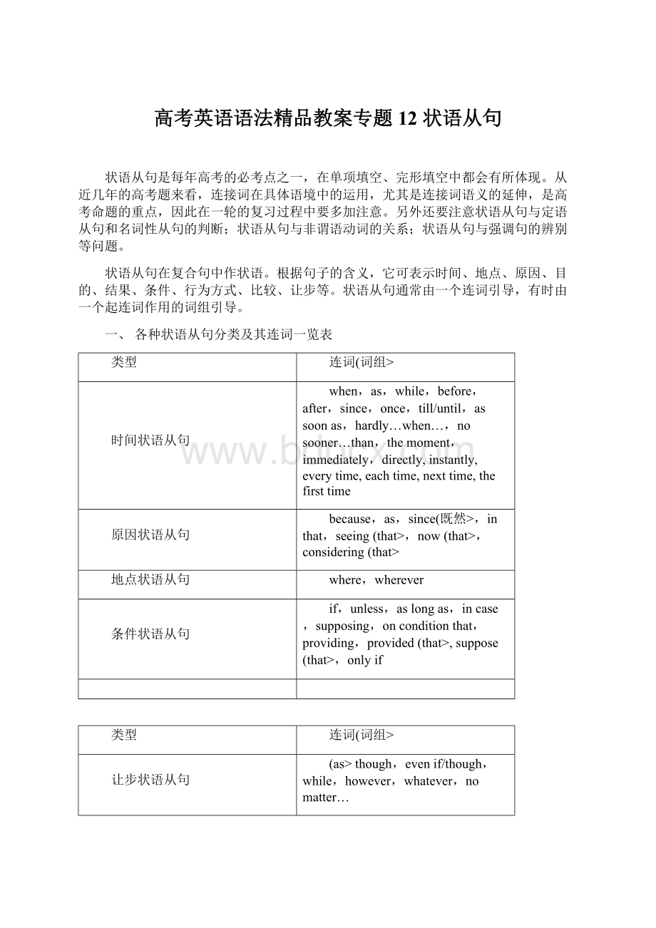 高考英语语法精品教案专题12 状语从句文档格式.docx_第1页